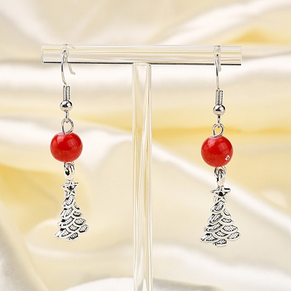 Dangle Earrings, Christmas Tree Earrings, with Glass Beads and Brass Earring Hook, about 48mm long
