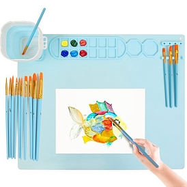 Silicone Watercolor Oil Paint Palette Mat, Washable Drawing Pad with Water Cup, Nonslip Craft Mat, Rectangle