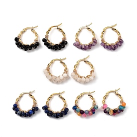 201 Stainless Steel Hoop Earrings, Hypoallergenic Earrings, with Natural Gemstone Beads, Twisted Ring Shape, Golden