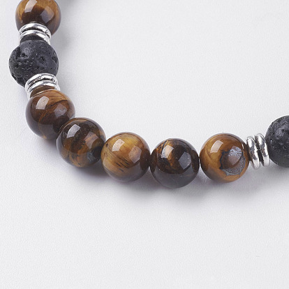 Natural Lava Rock Beads Stretch Bracelets, with Tiger Eye and Alloy Finding