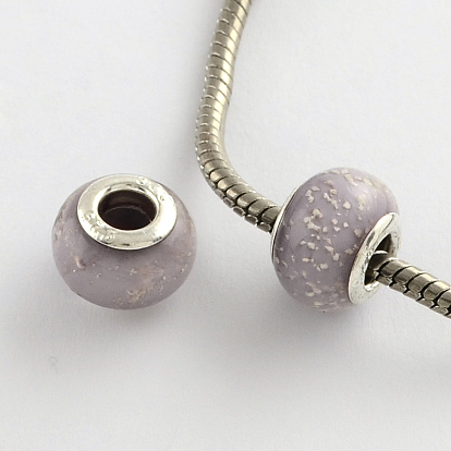 Rondelle chalumeau grand trou perles européennes, avec noyaux en laiton plaqué couleur argent, 13~14x10~11mm, Trou: 5mm