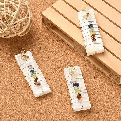 Chakra Jewelry, Natural Selenite Home Decorations, with Brass Wire Wrapped and Natural Gemstone Chip Beads, Rectangle