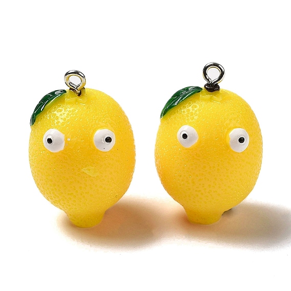 Pendentifs de fruits en résine opaque de dessin animé, Breloques œil rigolo citron avec boucles en fer plaqué platine
