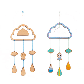 DIY Cloud Wind Chime Making Kit, Including 1Pc Wood Plates, 1 Card Cotton Thread and 1Pc Plastic Knitting Needles, for Children Painting Craft