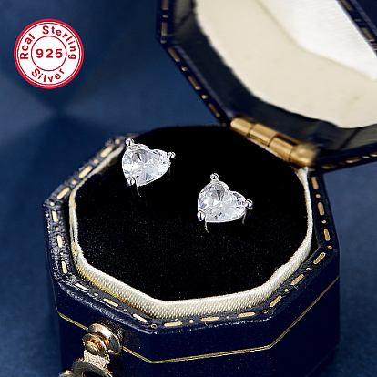 Серьги-гвоздики в форме сердца из стерлингового серебра с родиевым покрытием, с кубического циркония, с печатью 925
