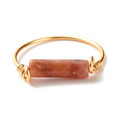 Mixed Natural Jade Column Beads Finger Ring, Brass Simple Wire Wrap Ring for Girl Women, Golden