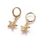 Brass Dangle Hoop Earrings, with Micro Pave Cubic Zirconia, Starfish/Sea Stars