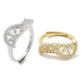 Rack Plating Brass Micro Pave Cubic Zirconia Adjustable Rings, Long-Lasting Plated for Women, Lead Free & Cadmium Free