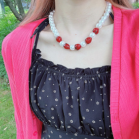 Sweet Strawberry Glass Pendant Necklace with Pearl Collarbone Chain Jewelry