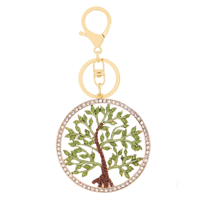 Rhinestone Flat Round with Tree of Life Pendant Keychain, with Alloy Findings