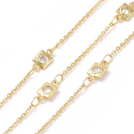 Clear Cubic Zirconia Square Link Chains, with Brass Findings, Unwelded, with Spool, Cadmium Free & Nickel Free & Lead Free