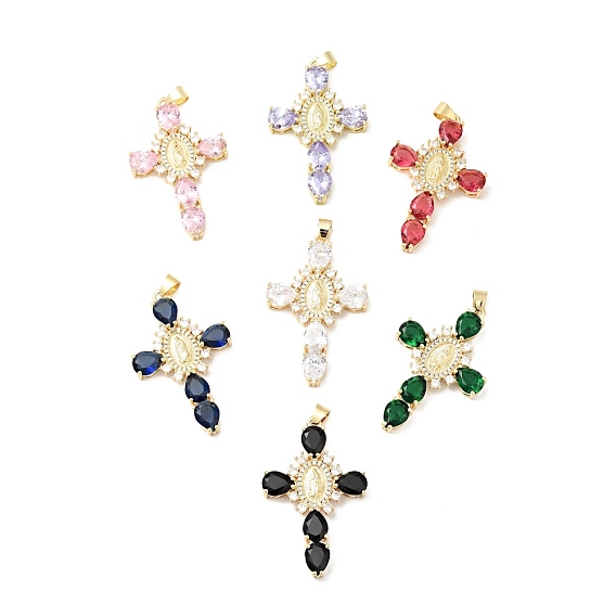 Rack Plating Brass Micro Pave Cubic Zirconia Pendants, Cadmium Free & Lead Free, Real 18K Gold Plated, Cross with Saint