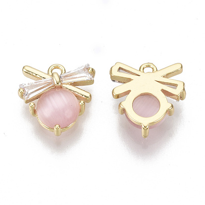 Brass Micro Pave Clear Cubic Zirconia Charms, with Resin Imitation Cat Eye, Bowknot, Nickel Free, Pink