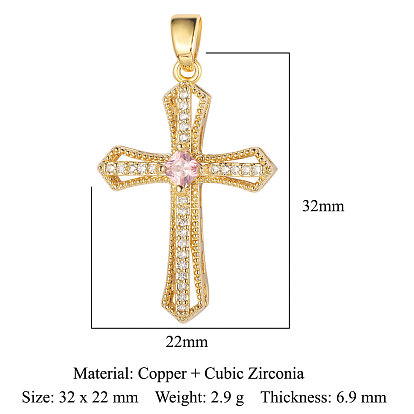 3Pcs Brass Micro Pave Cubic Zirconia Pendants, Cross Charms