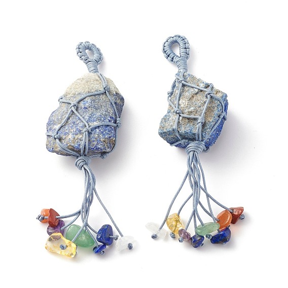 Natural Gemstone Pendants, with Gemstone Chip Beads and Nylon Threads, Tassel