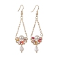 Natural Pearl & Glass Teardrop with Flower Dangle Earrings, Golden Brass Jewelry for Women