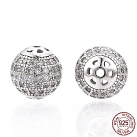 925 Sterling Silver Micro Pave Cubic Zirconia Beads, Round, Nickel Free
