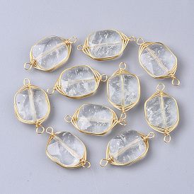 Natural Quartz Crystal Links/Connectors, Wire Wrapped Links, with Golden Tone Brass Wires, Rectangle