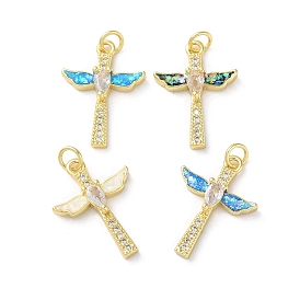 Brass Micro Pave Clear Cubic Zirconia Pendants, with Synthetic Opal and Jump Ring, Real 18K Gold Plated