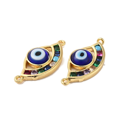Evil Eye Lampwork Connector Charms, with Real 18K Gold Plated Brass Pave Colorful Cubic Zirconia Findings, Cadmium Free & Lead Free