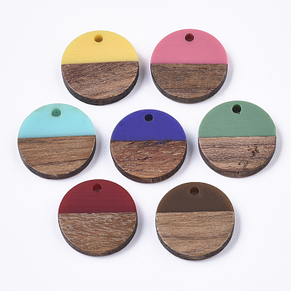 Resin & Walnut Wood Pendants, Waxed, with Foil, Flat Round