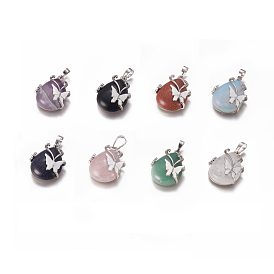 Gemstone Pendants, with Enamel and Brass Findings, Teardrop with Butterfly, Platinum