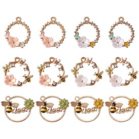 12Pcs Alloy Enamel Pendants, with Crystal Rhinestone, Golden, Ring with Bee & Flower