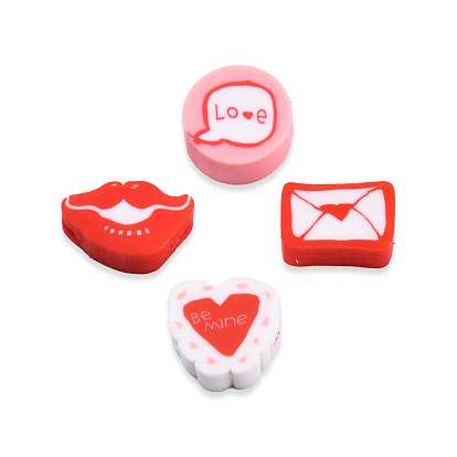 Handmade Polymer Clay Beads, Flat Round with Word Love & Heart, Mouth and Letter