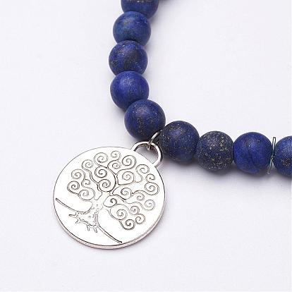 Frosted Natural Gemstone Beaded Charm Bracelets, with Alloy Pendants, Tree of Life, Antique Silver