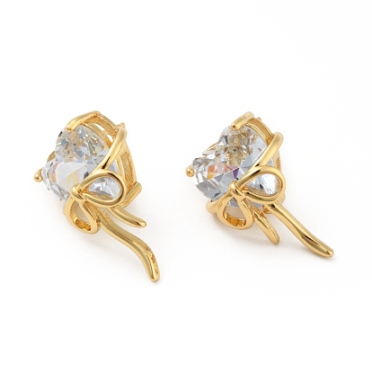 Cubic Zirconia Heart with Bowknot Stud Earrings, Real 18K Gold Plated Brass Jewelry for Women