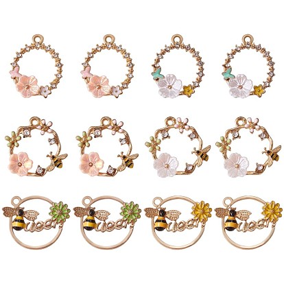12 pendentifs en alliage émaillé, avec strass cristal, or, bague avec abeille et fleur