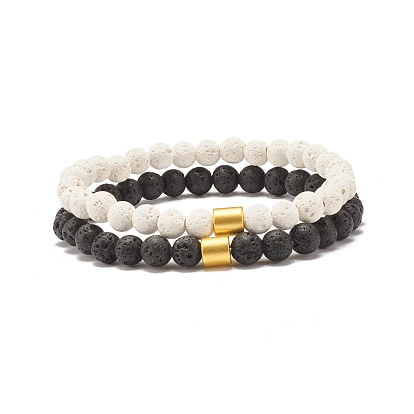 Bracelet extensible en perles rondes en pierre de lave naturelle (teinte) avec colonne d'hématite synthétique, Diffuseur d'huile bijoux en pierre de puissance pour les femmes