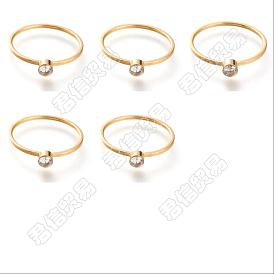 Unicraftale 5Pcs 5 Style Flat Round Rhinestone Finger Rings, Ion Plating(IP) 304 Stainless Steel Thin Finger Rings for Women, Golden