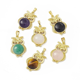Natural Gemstone Pendants, Owl Charms, with Golden Tone Rack Plating Brass Findings, Cadmium Free & Lead Free