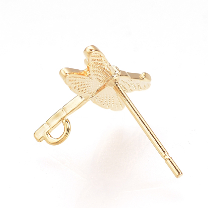 Brass Stud Earring Findings, with Loop, Nickel Free, Real 18K Gold Plated, Dragonfly
