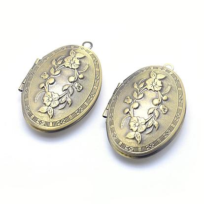 Brass Locket Pendants, Photo Frame Charms for Necklaces, Cadmium Free & Nickel Free & Lead Free, Oval with Flower