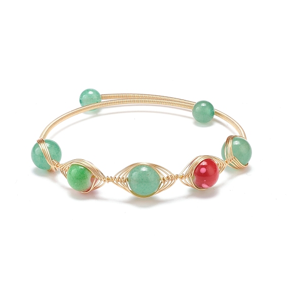 Bracelet manchette en aventurine verte naturelle et perles rondes en résine, bijoux enveloppés de fil de cuivre pour femmes, or et de lumière