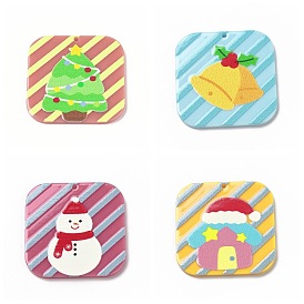 Printed  Acrylic Pendants, for Christmas, Square with Christmas Tree/Bell/Snowman/House Pattern Charm