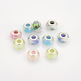 Large Hole Rondelle Resin European Beads, with Silver Color Plated Brass Cores, 14x9mm, Hole: 5mm