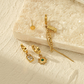Geometric Rhinestone Stainless Steel Earrings Set - Asymmetrical Square Ear Jewelry for Women