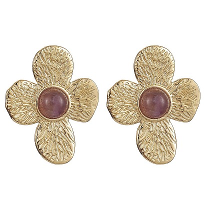 Boucles d'oreilles à tige en forme de fleur avec pierres précieuses naturelles mélangées, placage ionique (ip) 304 boucles d'oreilles en acier inoxydable pour femmes