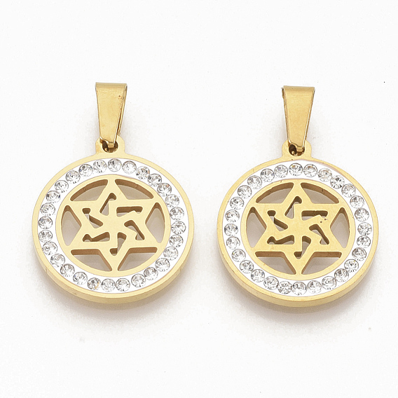 201 Stainless Steel Pendants, with Random Size Snap On Bails and Polymer Clay Crystal Rhinestones, for Jewish, Flat Round with Star of David