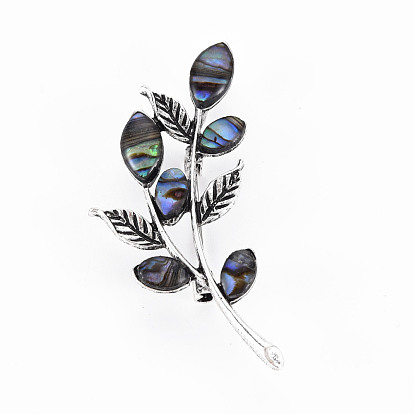 Leaf Shape Natural Shell Brooch Pin, Alloy Lapel Pin for Girl Women, Lead Free & Cadmium Free, Antique Silver
