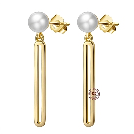 925 Sterling Silver Oval Dangle Stud Earrings with Pearl Beaded, with S925 Stamp