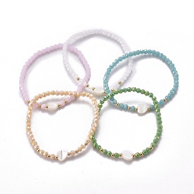 Faceted Glass Beaded Stretch Bracelets, with Brass Beads and Heart Natural Trochid Shell Beads