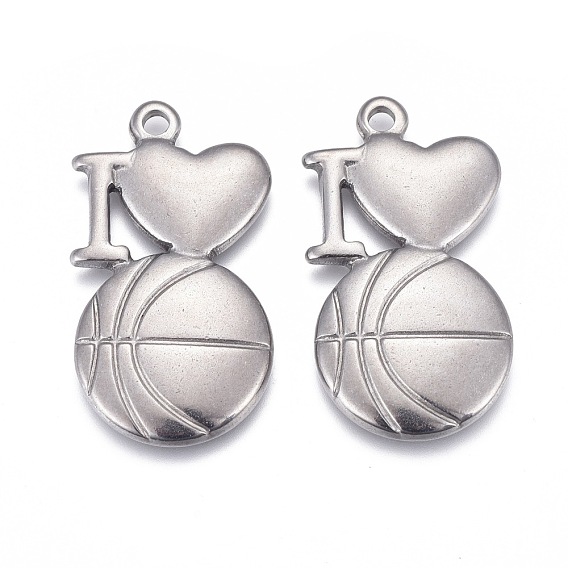 304 Stainless Steel Pendants, Laser Cut, I Love with Basketball