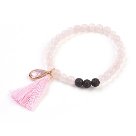 Natural Rose Quartz and Lava Rock Charm Bracelets, with Cotton Thread Tassels and Brass Glass Pendants, Drop