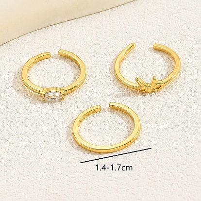 3 piezas 3 conjuntos de anillos abiertos de circonita cúbica estilo, anillos apilables de latón con lazo