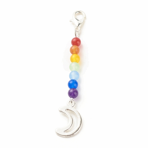 Chakra Theme Natural & Dyed Malaysia Jade Beaded Pendant Decorations, with Lobster Claw Clasps, Alloy Pendants, Moon