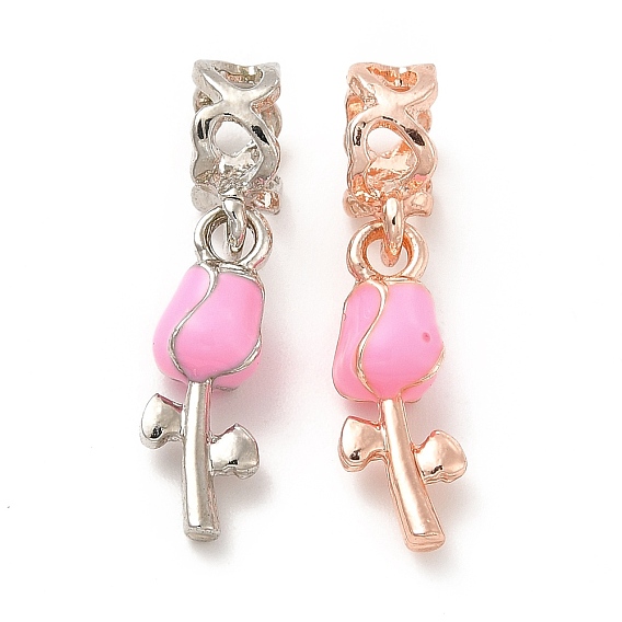 Abalorios colgantes europeos de esmalte rosa perla de aleación chapada en rack, hechizos de gran agujero, rosa